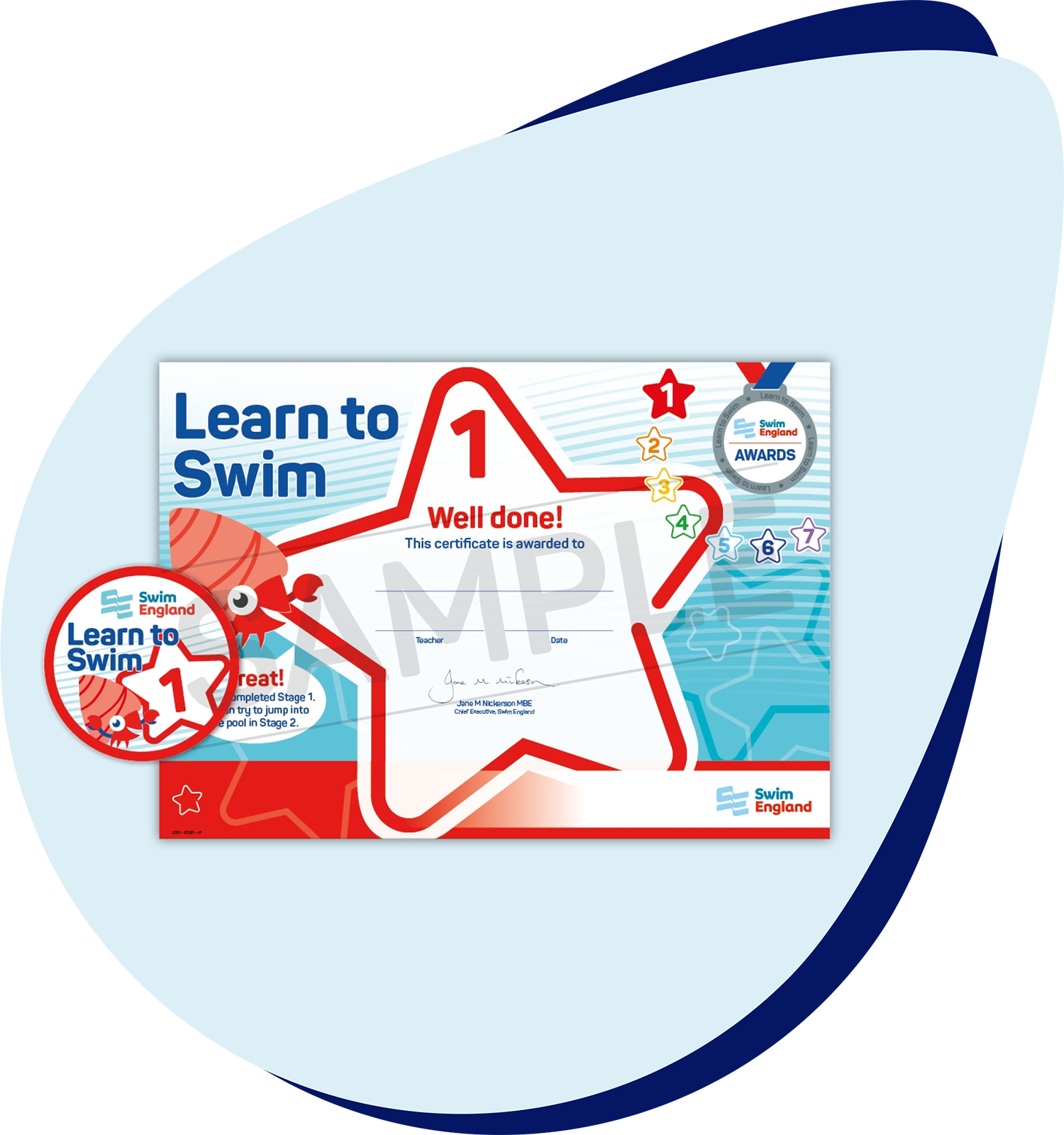 Display of Swim England Learn to Swim Stage 1-7 awards